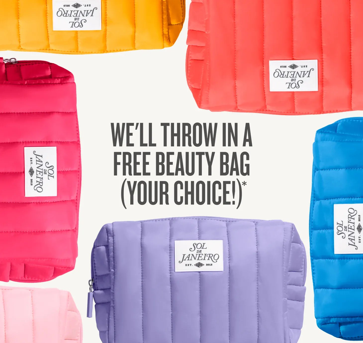Colorful makeup bags with free beauty bag offer in the center. Text on image reads we'll throw in a free beauty bag (your choice)* Colorful makeup bags with free beauty bag offer in the center. Text on image reads we'll throw in a free beauty bag (your choice)*