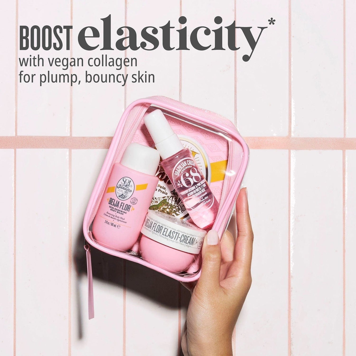 Boost elasticity* with vegan collagen for plump, bouncy skin