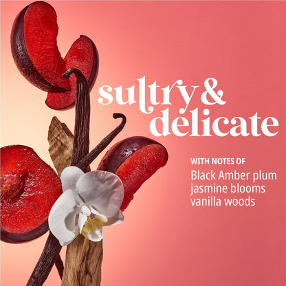 Sultry &amp; delicate with notes of black amber plum, jasmine blooms and vanilla woods.