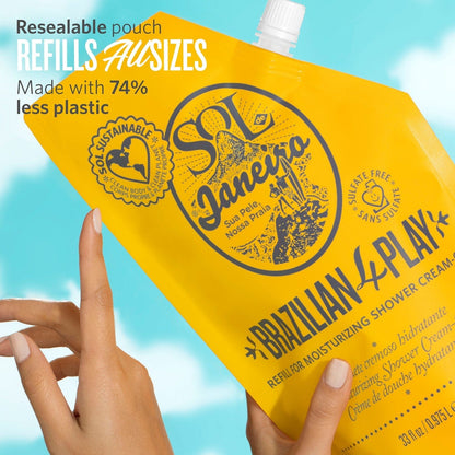 Resealable pouch refills all sizes. Made with 74% less plastic 
