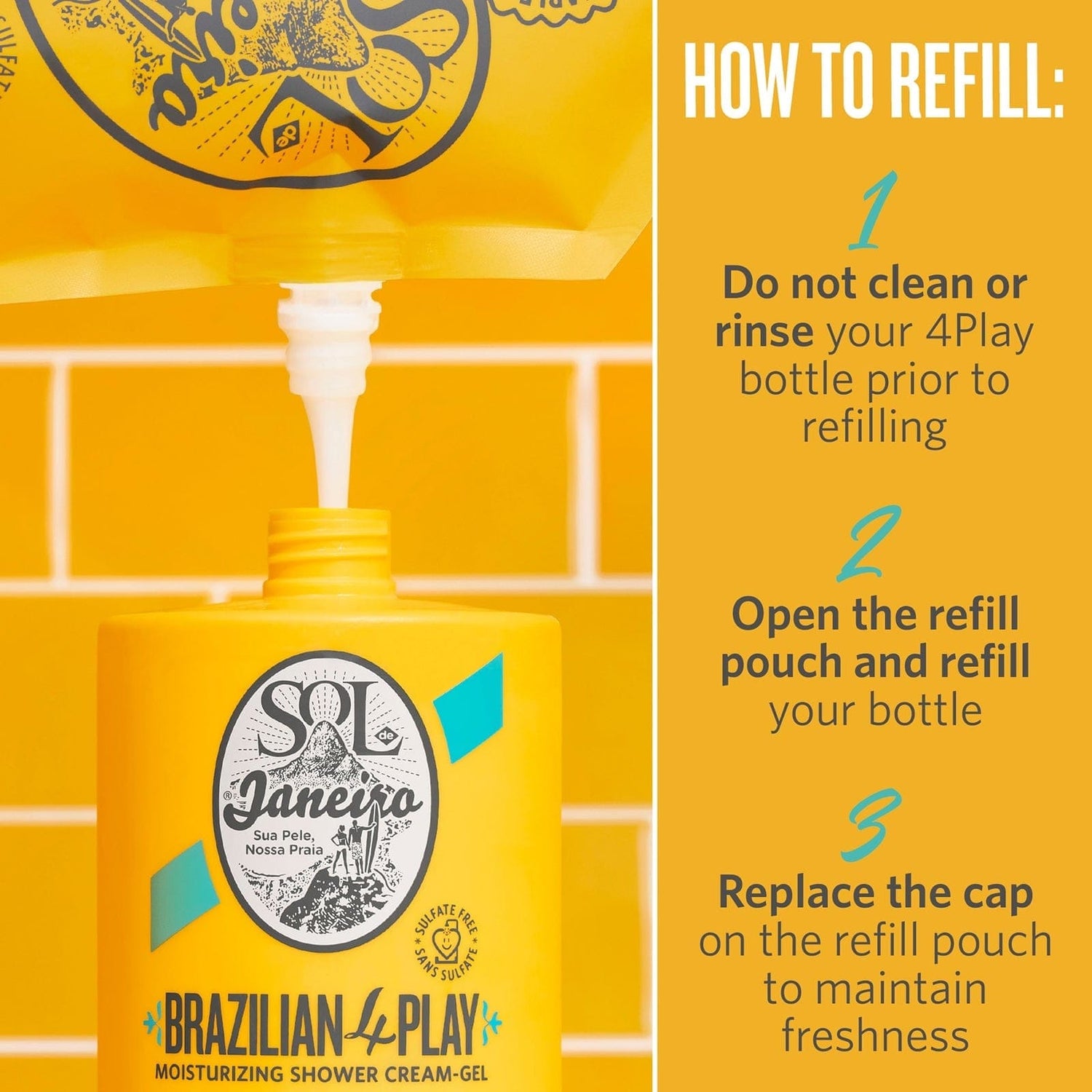 How to refill: 1. do not clean or rinse your 4play bottle prior to refilling. 2. Open the refill pouch and refill your bottle. 3. Replace the cap on the refill pouch to maintain freshness
