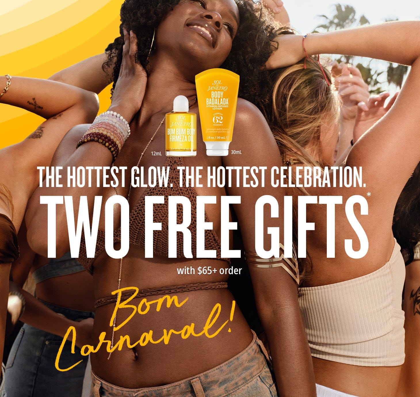 Advertisement for a sunscreen product with promotional text and two people in the background. Advertisement for a sunscreen product with promotional text and two people in the background.