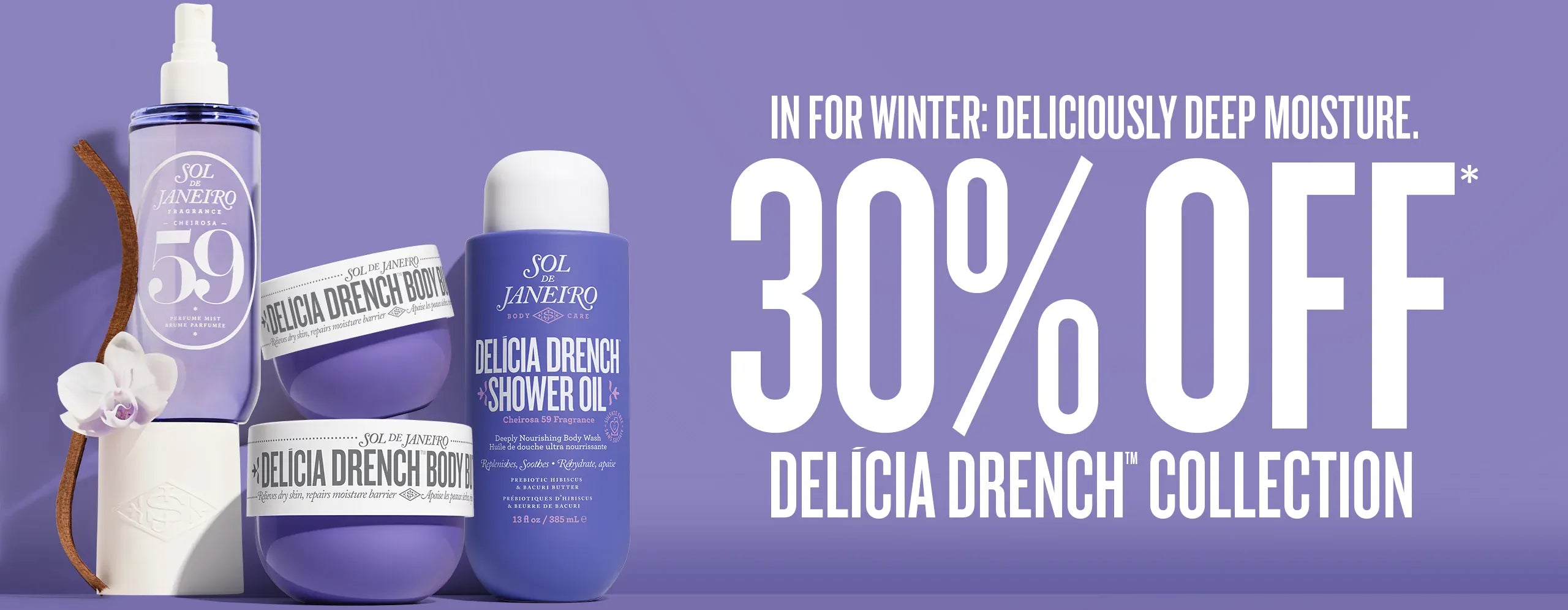 Sanfteau Delicia Drench Shower Oil bottles with promotional text on a purple background Sanfteau Delicia Drench Shower Oil bottles with promotional text on a purple background