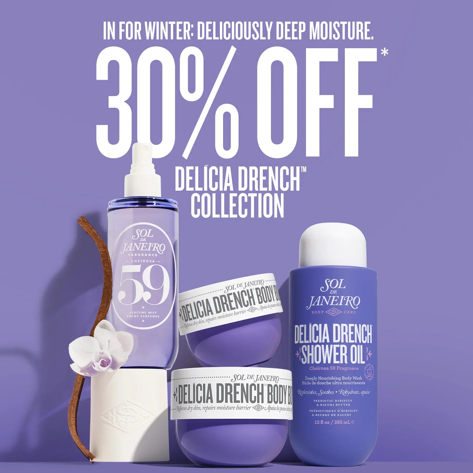 Promotional image of Delicia Drench skincare products with a 30% off discount on a purple background. Promotional image of Delicia Drench skincare products with a 30% off discount on a purple background.