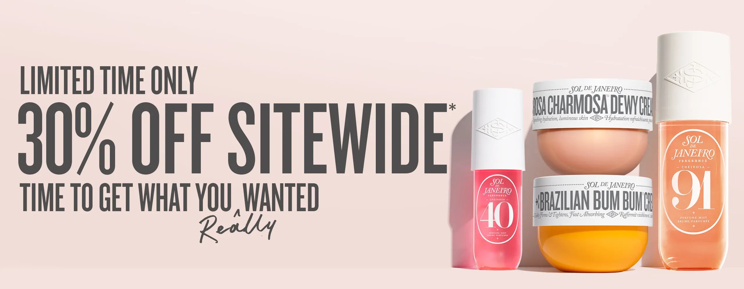 Cosmetic products with promotional text for a limited-time discount on a light pink background Cosmetic products with promotional text for a limited-time discount on a light pink background