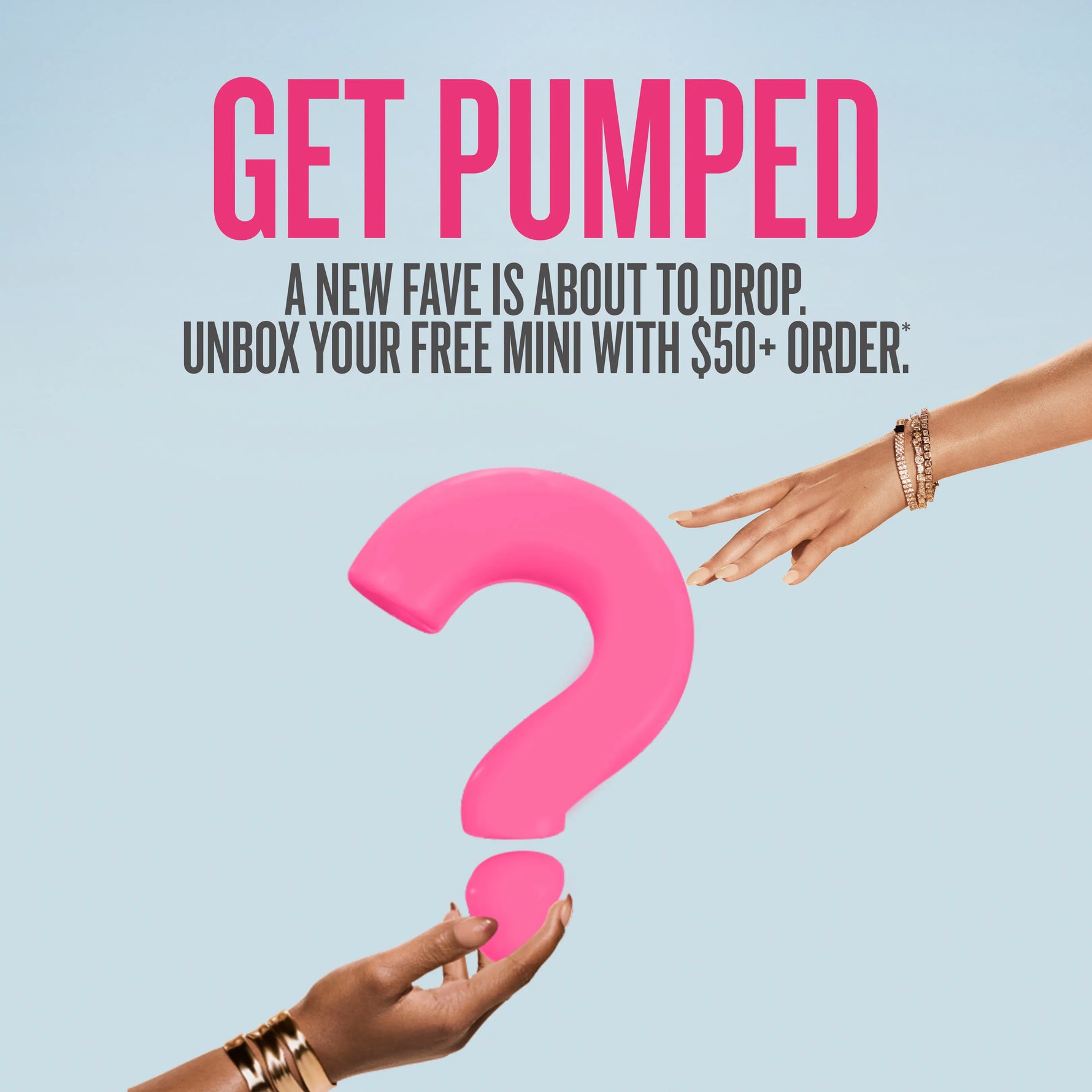 Promotional graphic with pink question mark and text about a new product release. Promotional graphic with pink question mark and text about a new product release.