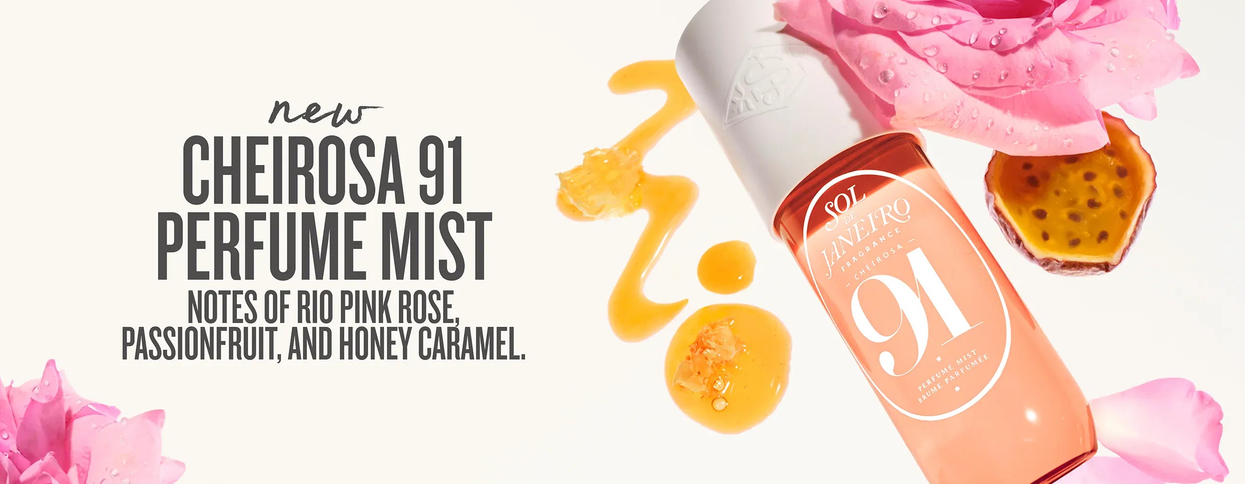 Cheirosa 91 perfume mist with pink rose and passionfruit elements on a white background Cheirosa 91 perfume mist with pink rose and passionfruit elements on a white background