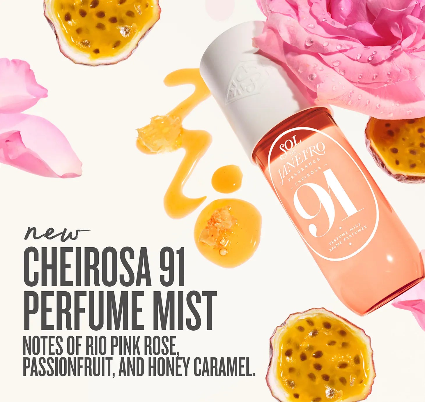 Cheirosa 91 perfume mist with pink rose and passionfruit elements on a white background Cheirosa 91 perfume mist with pink rose and passionfruit elements on a white background