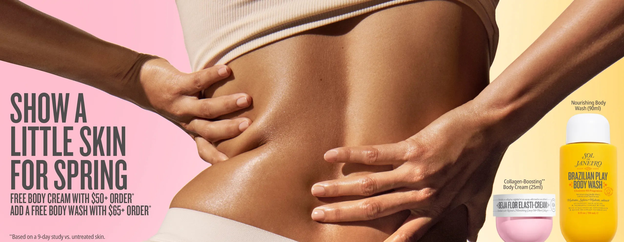 Advertisement showing a person's back with hands touching skin, promoting a free body wash offer. Advertisement showing a person's back with hands touching skin, promoting a free body wash offer.