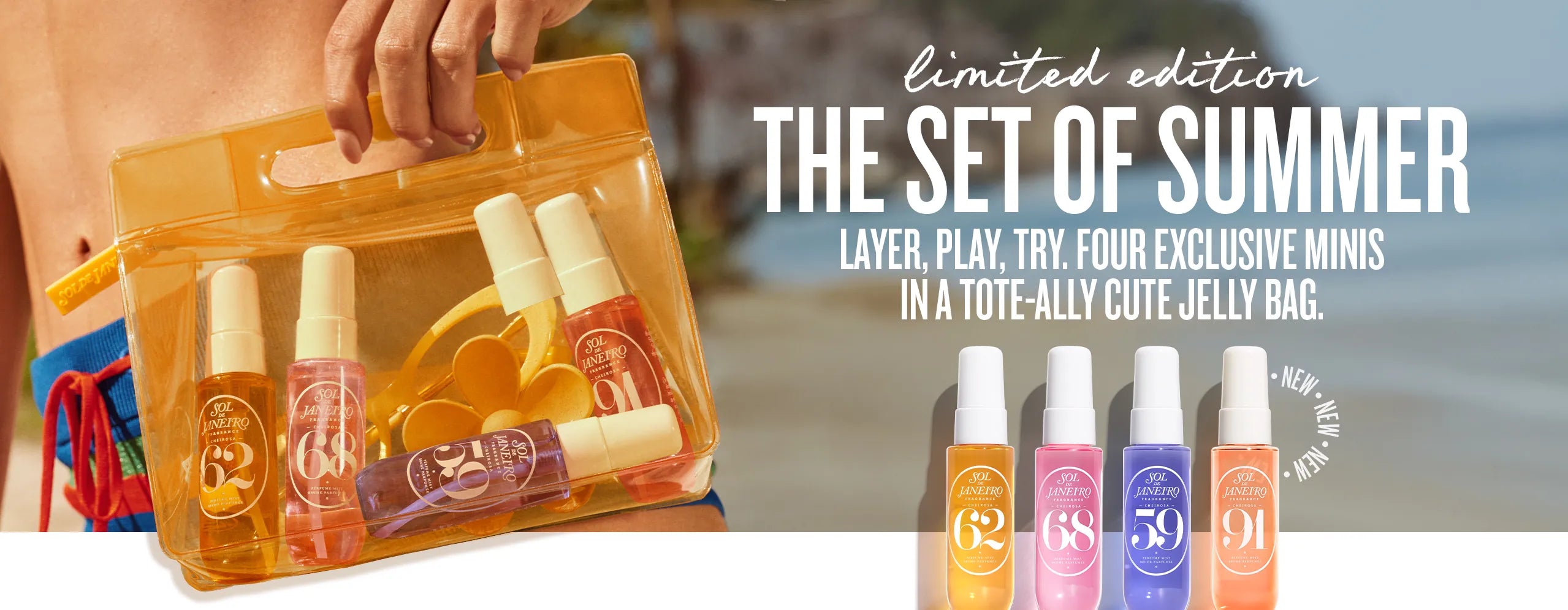 Set of summer makeup products in a jelly bag with beach background Set of summer makeup products in a jelly bag with beach background