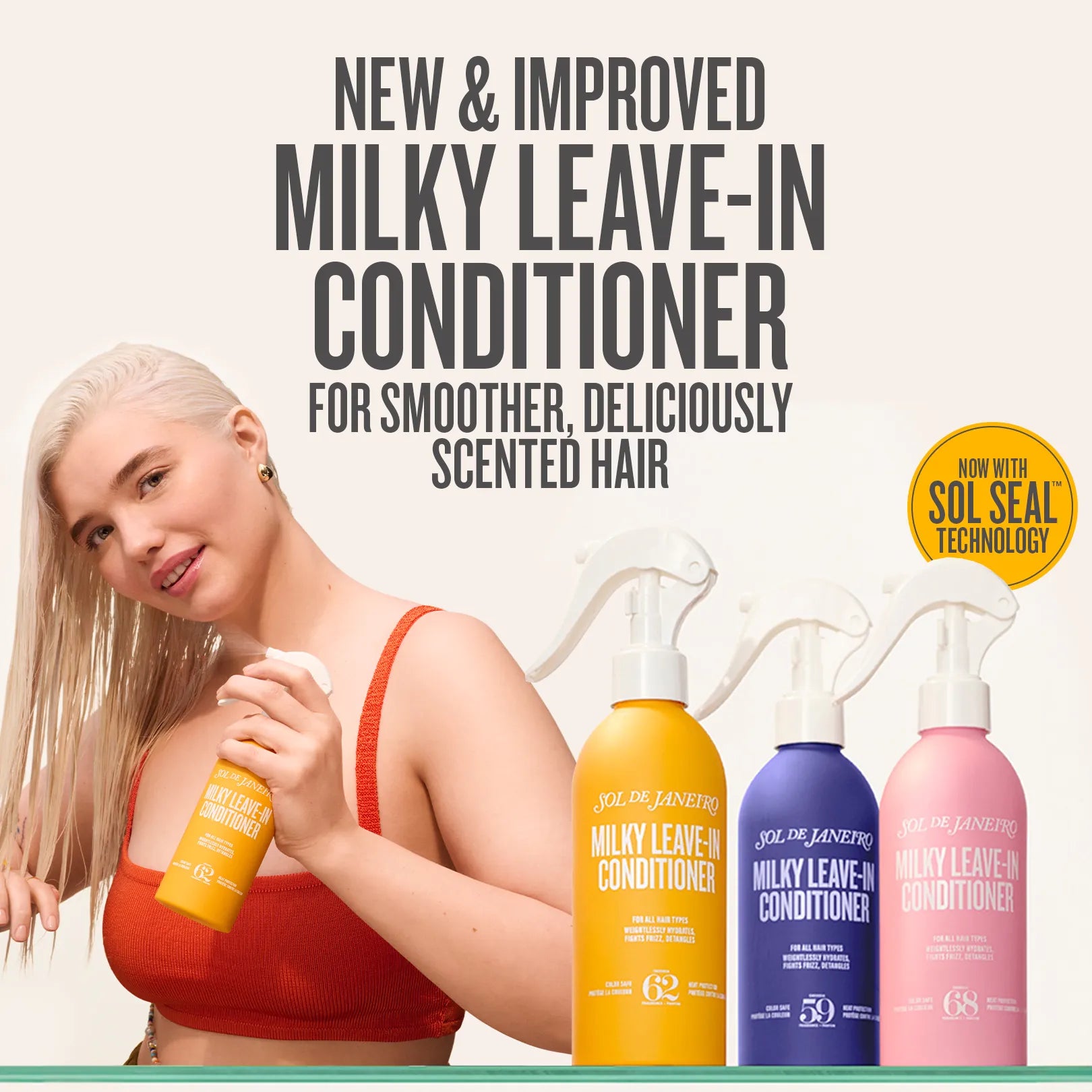Advertisement for Milky Leave-In Conditioner with a woman holding a bottle and product bottles displayed. Advertisement for Milky Leave-In Conditioner with a woman holding a bottle and product bottles displayed.