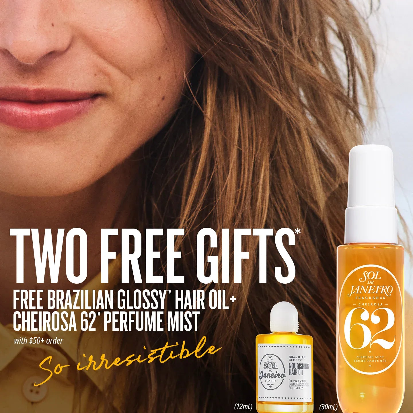 Advertisement for a hair oil and perfume mist with a woman's face and product packaging. Advertisement for a hair oil and perfume mist with a woman's face and product packaging.