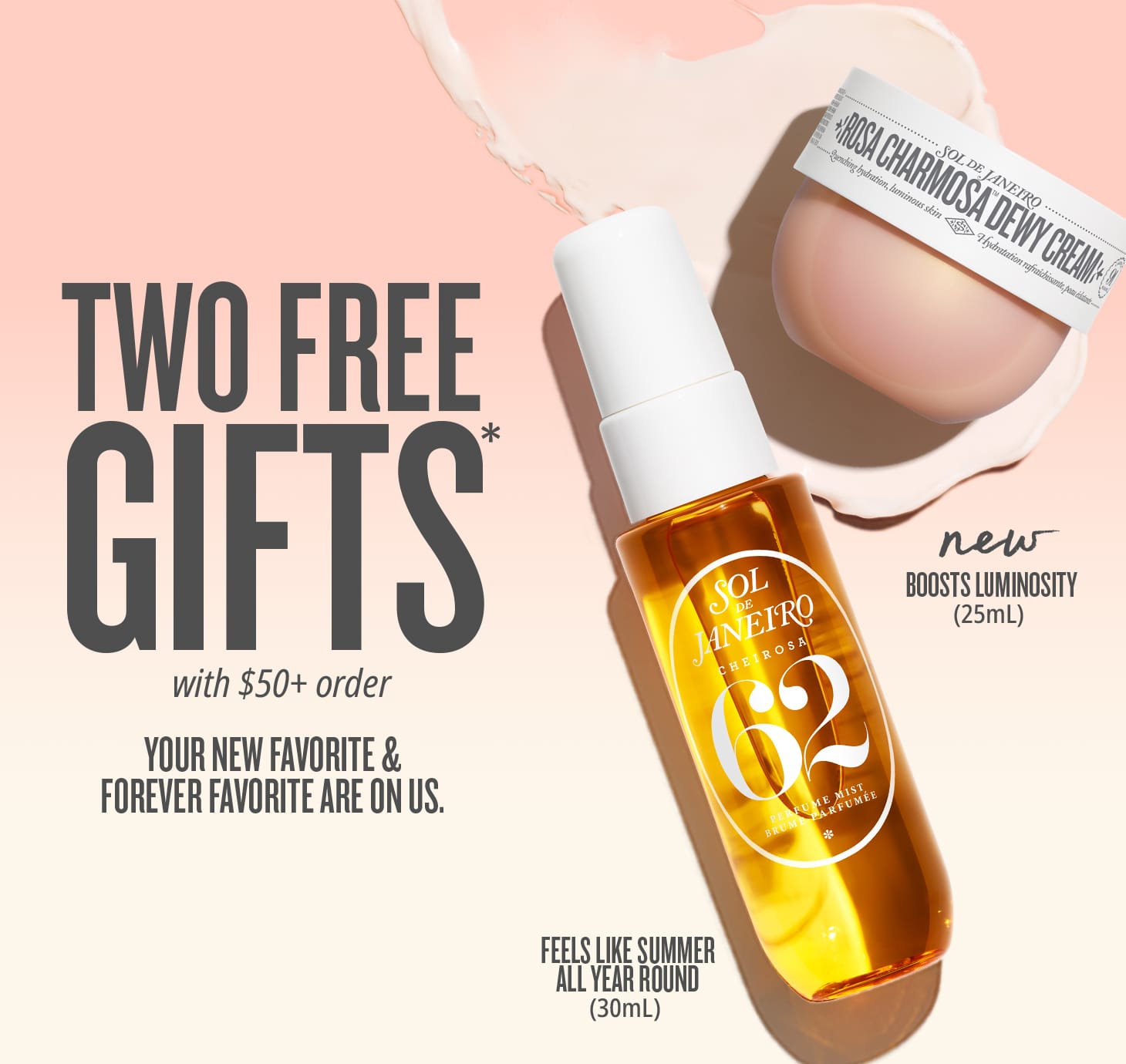 Promotional banner with skincare products and free gift offer on a pink background Promotional banner with skincare products and free gift offer on a pink background