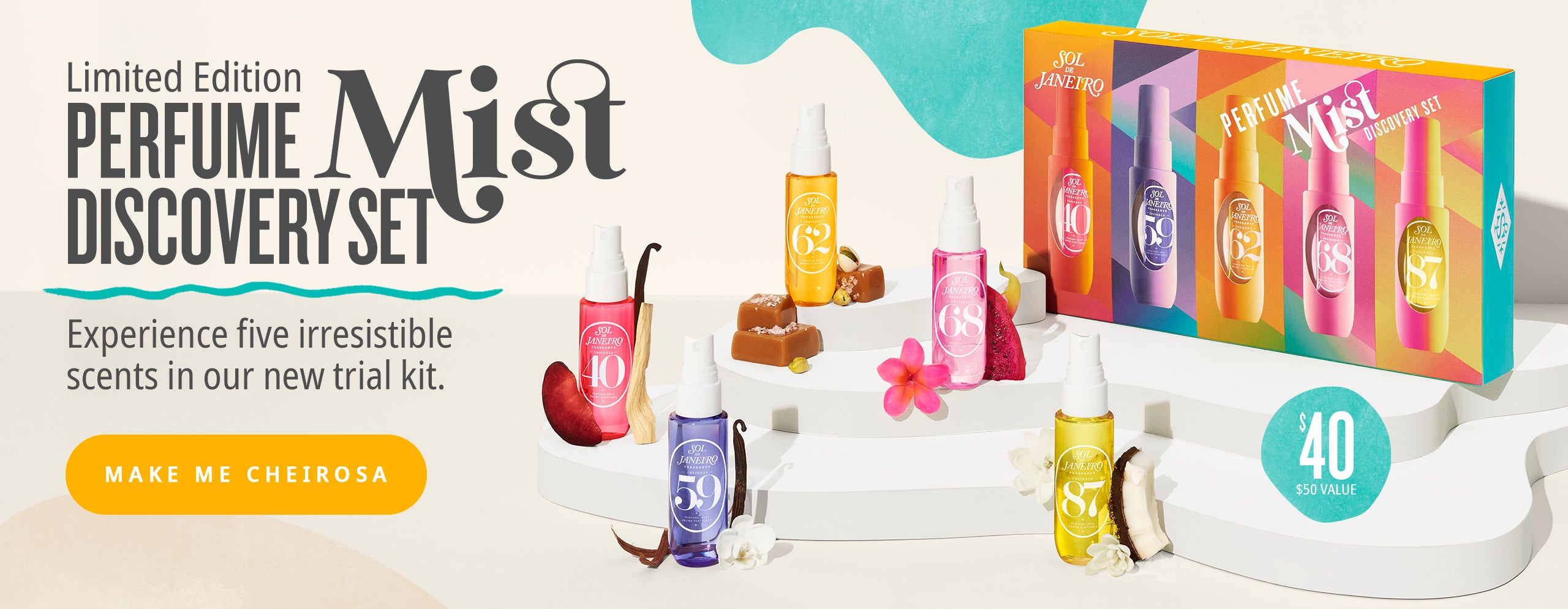 Limited edition perfume mist discovery set. Experience five irresistible scents in our new trial kit. Make me cheirosa!