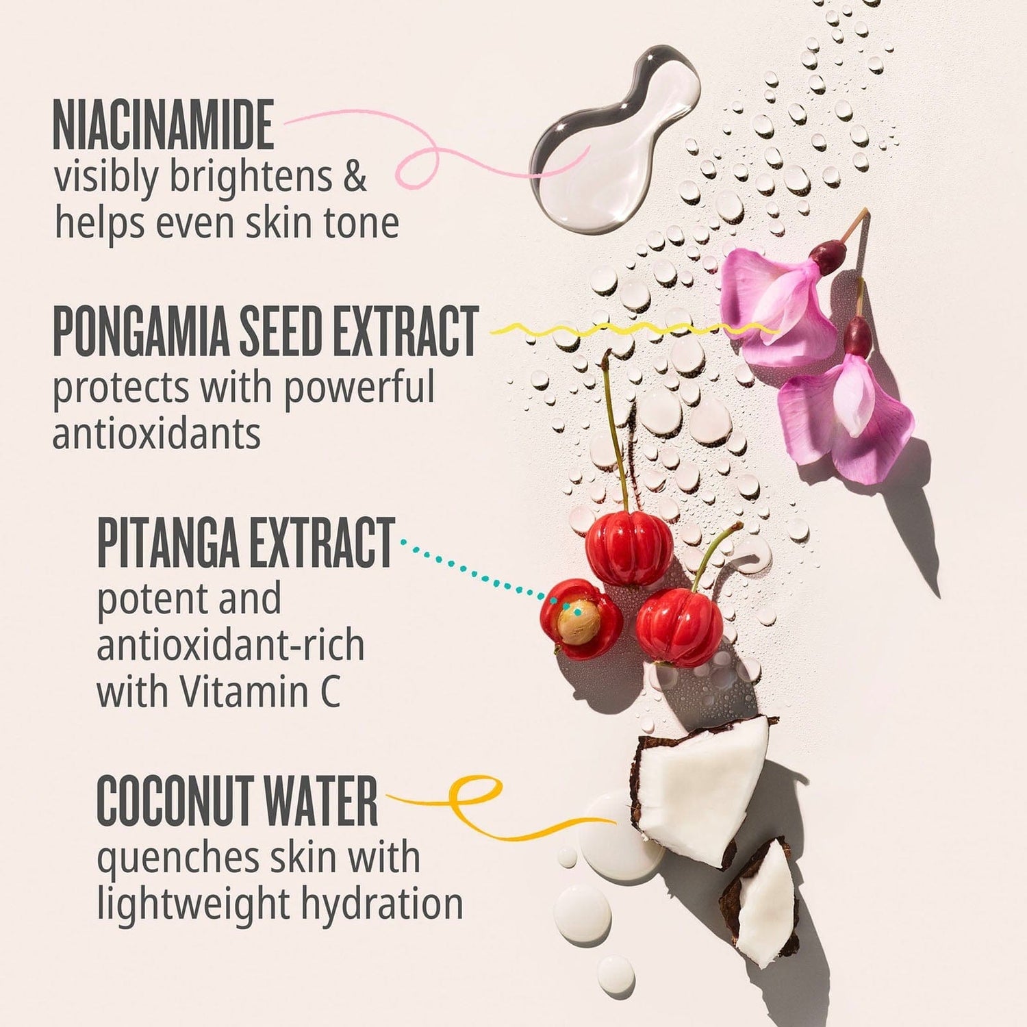 Niacinamide visibly brightens &amp; helps even skin tone. Pongamia seed extract protects with powerful antioxidants. Pitanga extract potent and antioxidant-rich with vitamin c. Coconut water quenches skin with lightweight hydration.