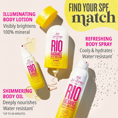 Find your SPF match. Illuminating body lotion - visibly brightens 100% mineral. Refreshing body spray cools and hydrates, water resistant. Shimmering  body oil: deeply nourishes, water resistant* up to 40 minutes