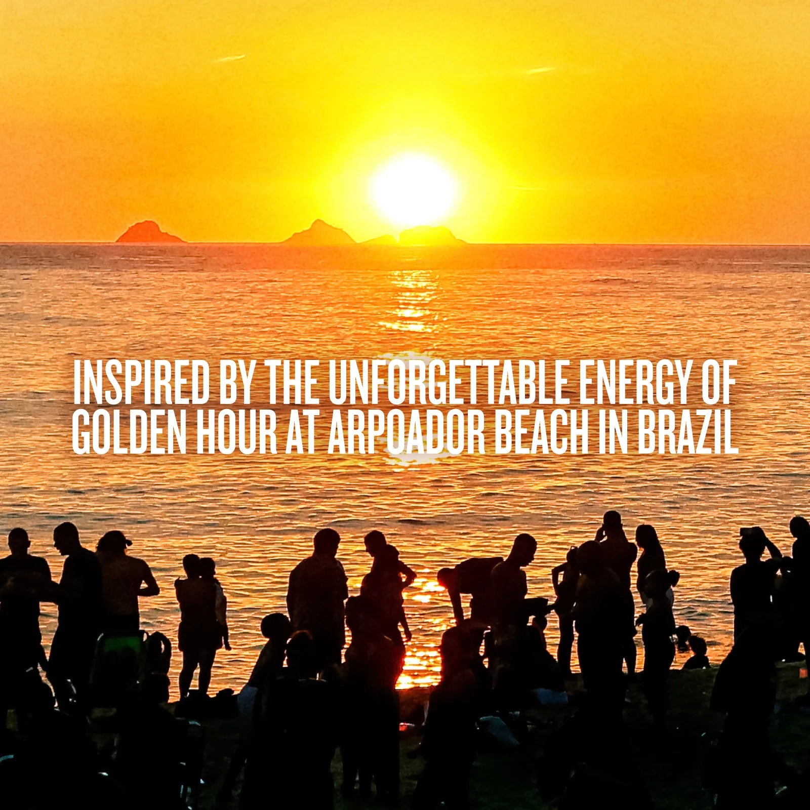 A golden sunset over the ocean with silhouetted people standing along the shoreline, and large overlaid text reading: &