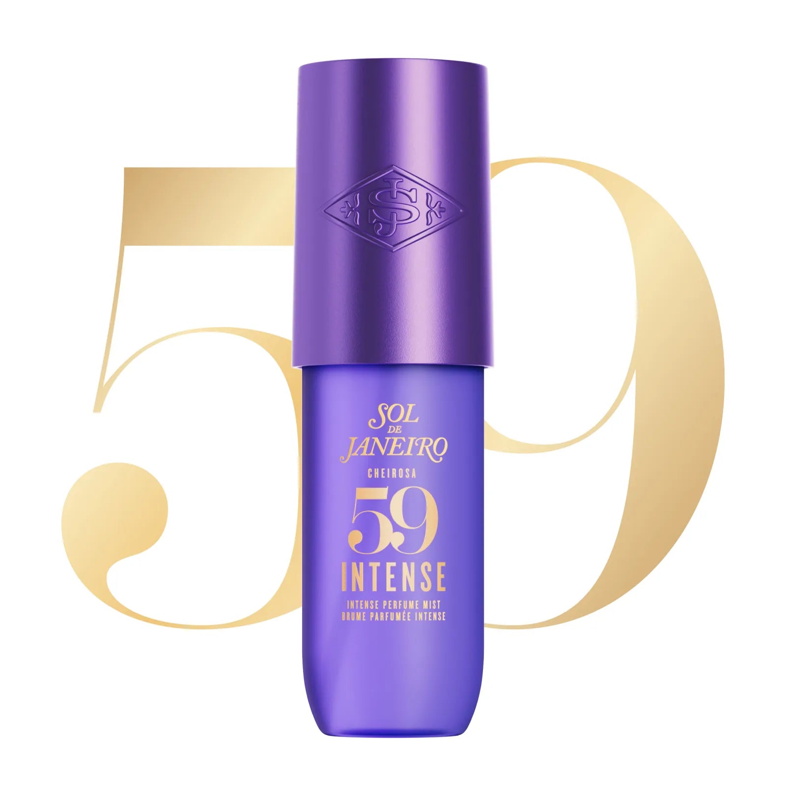 A purple cosmetic bottle labeled &