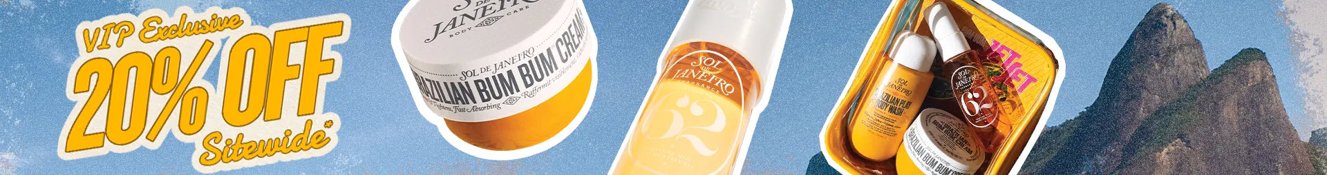 Promotional banner featuring three skincare products: a white jar of 'Krimin Bunga Bunga' cream, a white pump bottle of 'Krimin Bunga Bunga' serum, and a yellow tray containing two brown bottles, all set against a scenic background of Mount Kilimanjaro and blue sky with '20% OFF' promotional text on the left.