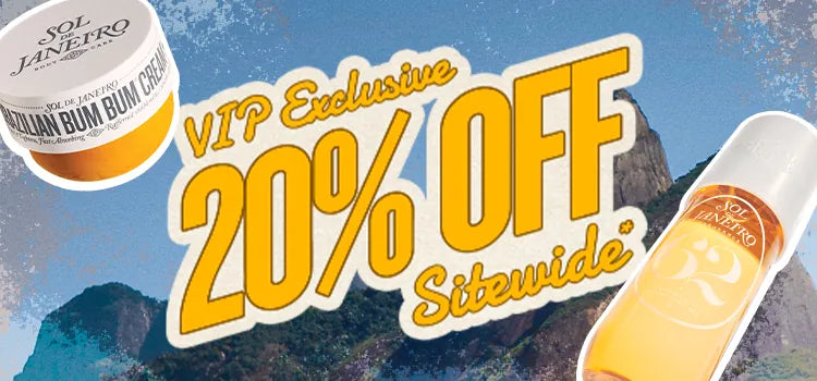 Promotional graphic for Sol Janeiro Brazilian Bum Bum Cream showing two product containers on a scenic mountain background with large yellow text reading 'VIP Exclusive 20% OFF Sitewide'.