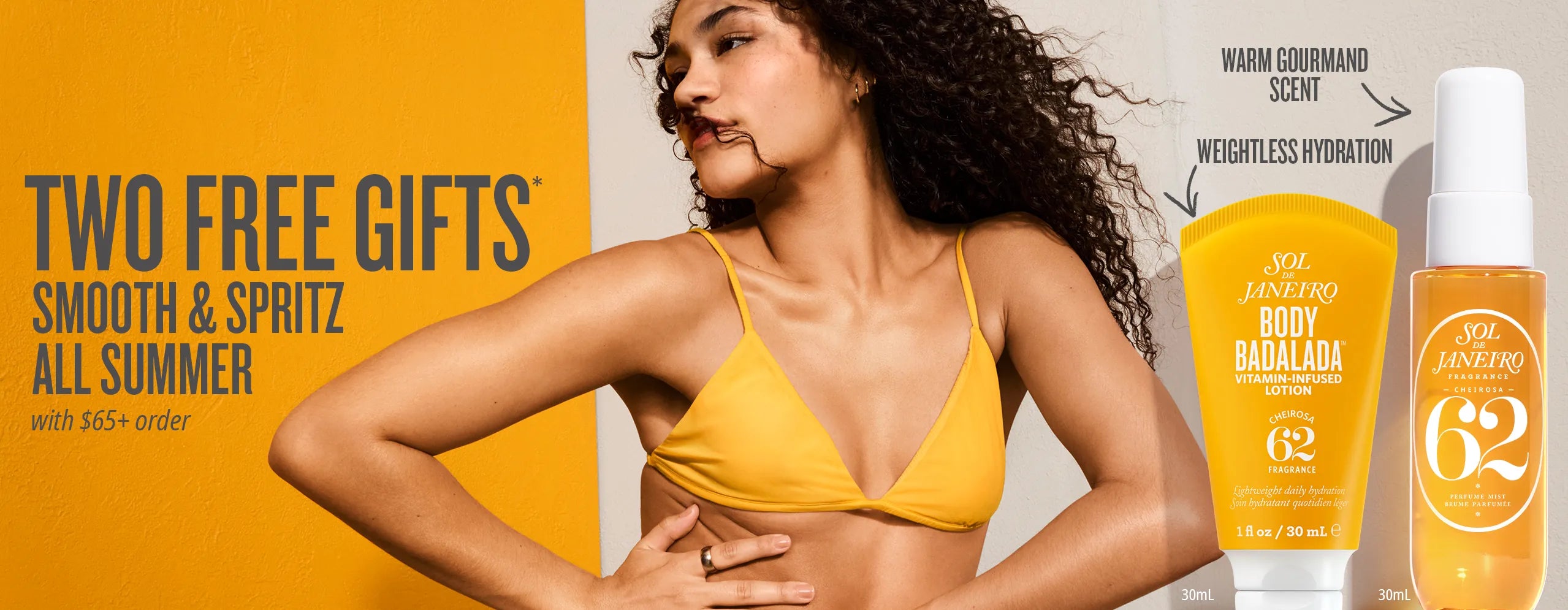 Woman in yellow bikini with Sun Bum sunscreen products on a yellow background Woman in yellow bikini with Sun Bum sunscreen products on a yellow background