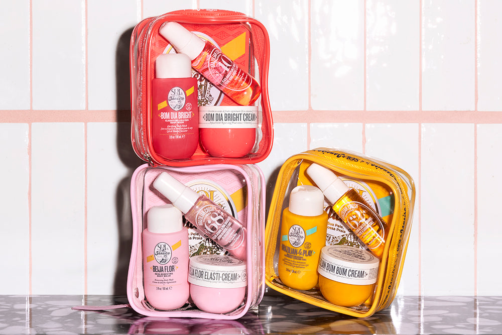 Bom dia jet set, Beija flor jet set and Bum bum jet set - 90ml body wash, 50ml body cream, 30ml perfume mist with reusable pouch)