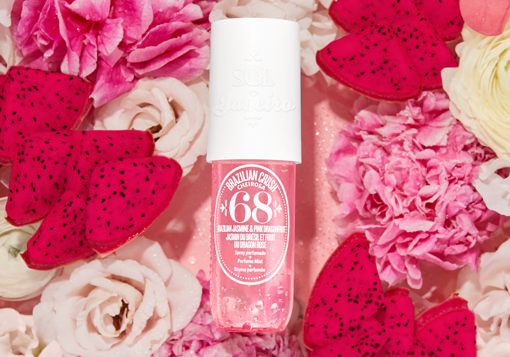 Brazilian Crush Cheirosa 68 Perfume Mist surrounded by flowers | Sol de Janeiro