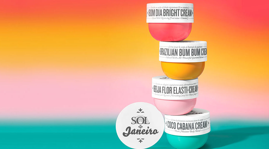 stock of body creams: Bom Dia Bright Cream, Brazilian Bum Bum Cream, Beija Flor Elasti-Cream, Coco Cabana Cream | Sol de Janeiro
