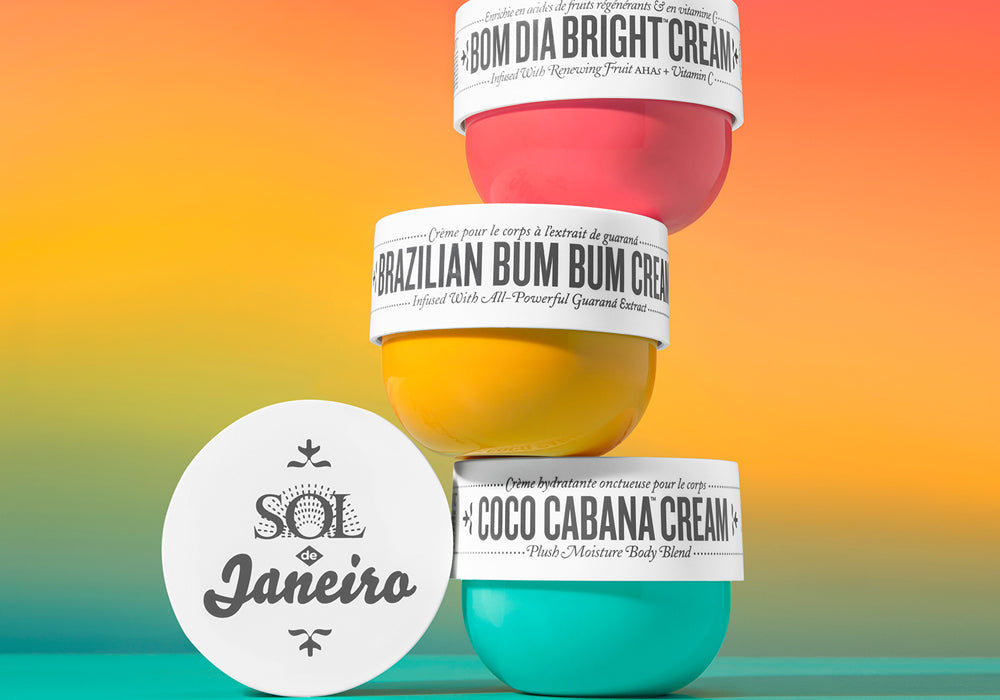 stack of bom dia bright, brazilian bum bum, and coco cabana creams | Sol de Janeiro