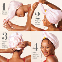 1 flip hair forward 2 wrap hair into end of towel 3 secure with button and loop 4 leave wrapped to dry and protect 