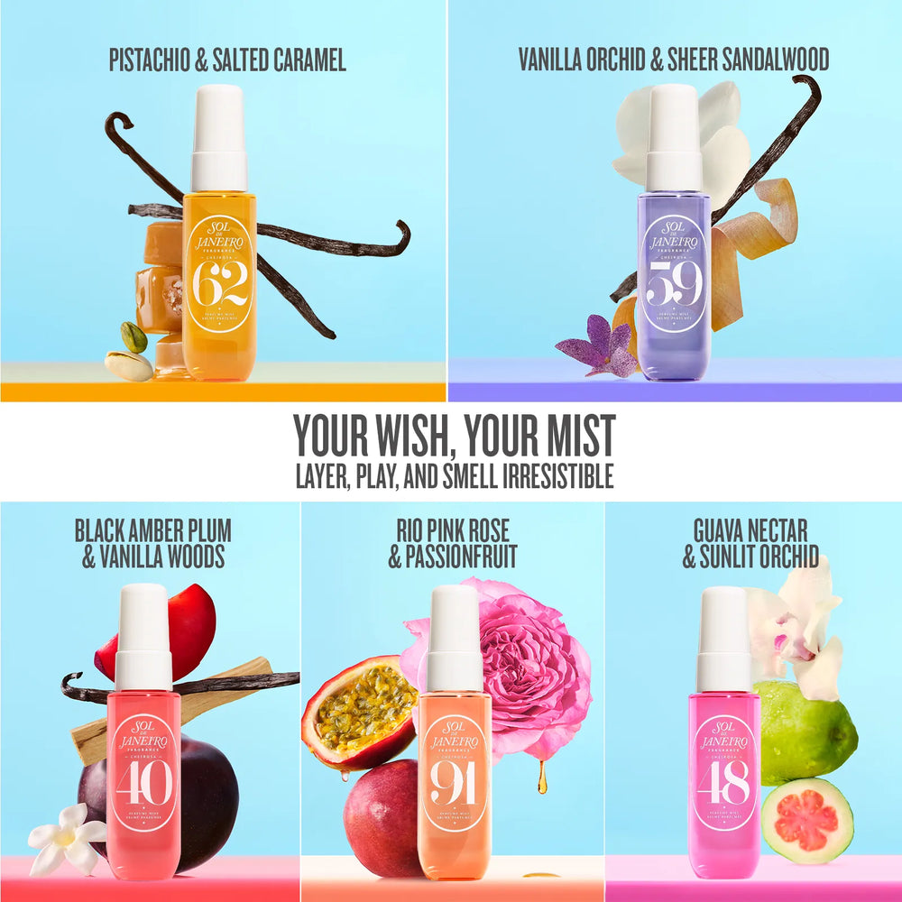 A promotional collage for a fragrance oil product showing four scent panels with spray bottles and fruit/flower ingredients. Text reads 'Pistachio & Salted Caramel,' 'Vanilla Orchid & Sheer Sandalwood,' 'Black Amber Plum & Vanilla Woods,' and 'Rio Pink Rose & Passionfruit' and 'Guava Nectar & Sunlit Orchid,' with the slogan 'YOUR WISH, YOUR MIST' and 'LAYER, PLAY, AND SMELL IRRESISTIBLE.