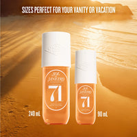 Two bottles of Sol de Janeiro body wash on a sandy background with text about size options.