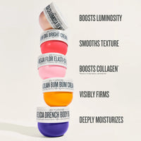 Stack of colorful skincare containers with text highlighting their benefits on a light background

Boosts luminosity, smooths texture, boosts collagen*, visibly firms, deeply moiturizes