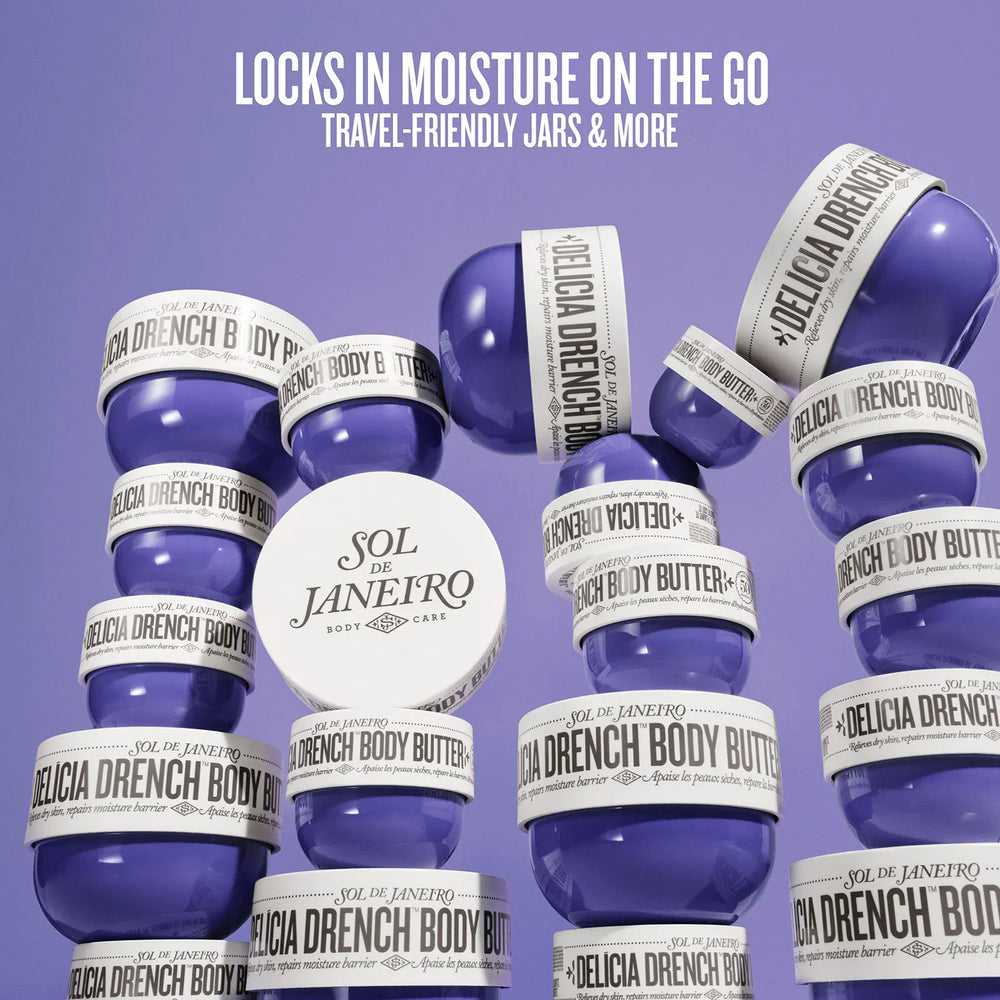 Blue jars with white labels featuring Sol de Janeiro branding on a purple background.
