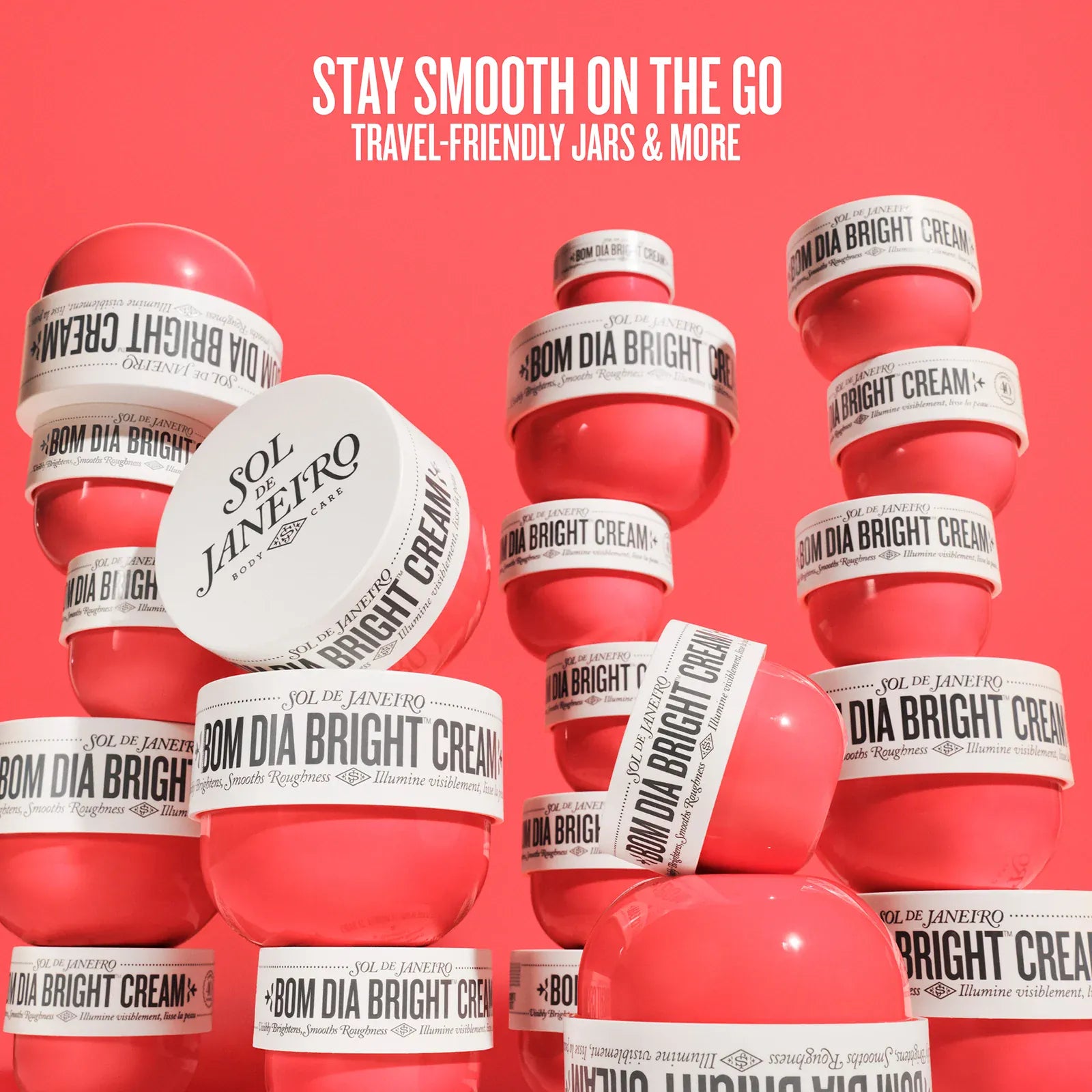 Red jars with white labels featuring 'Bom Dia Bright Cream' on a pink background.

Stay smooth on the go travel-friendly jars & more