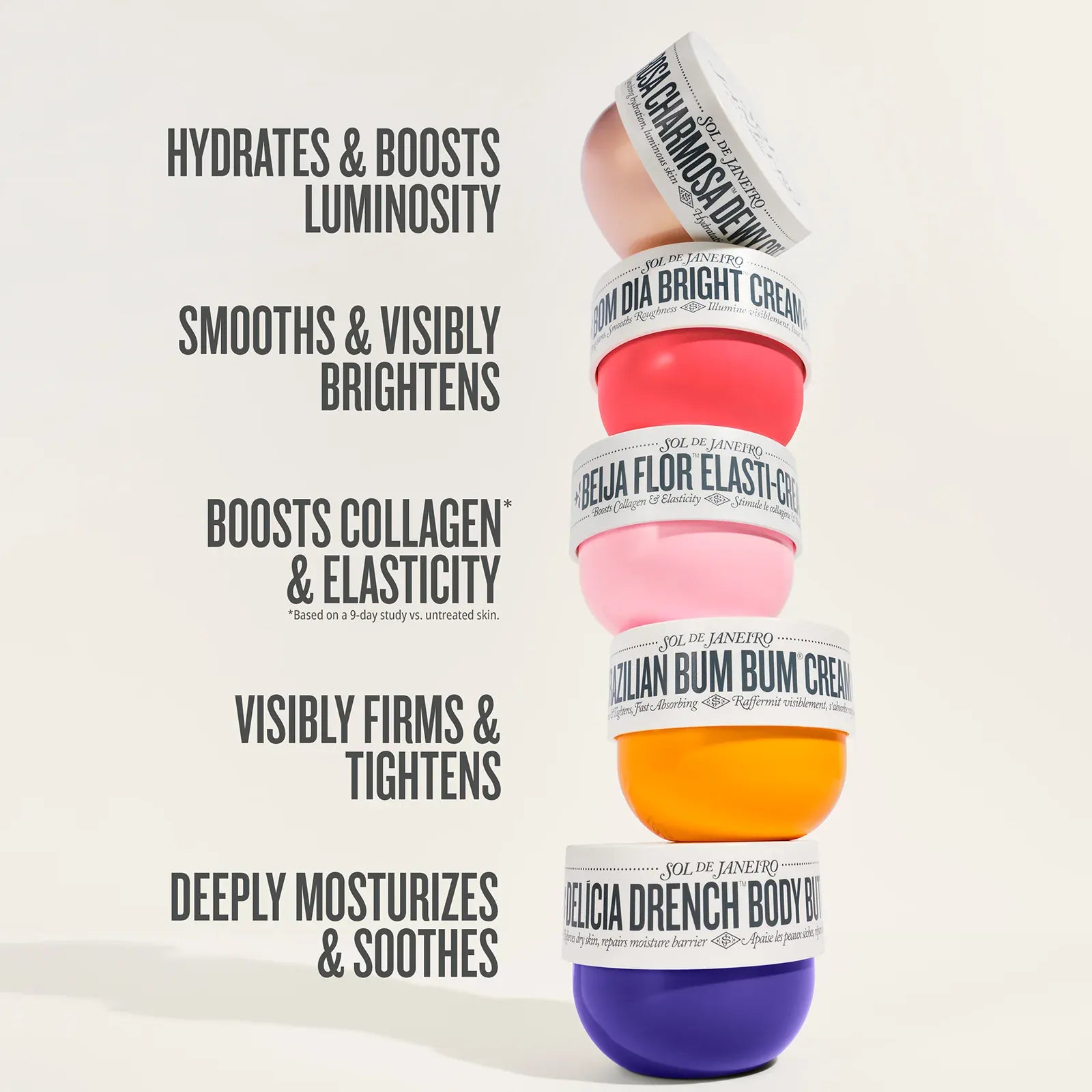 hydrates & boosts, smooths and visibly brightens, boosts collagen and elasticity visibly firms and deeply moisturized and soothes