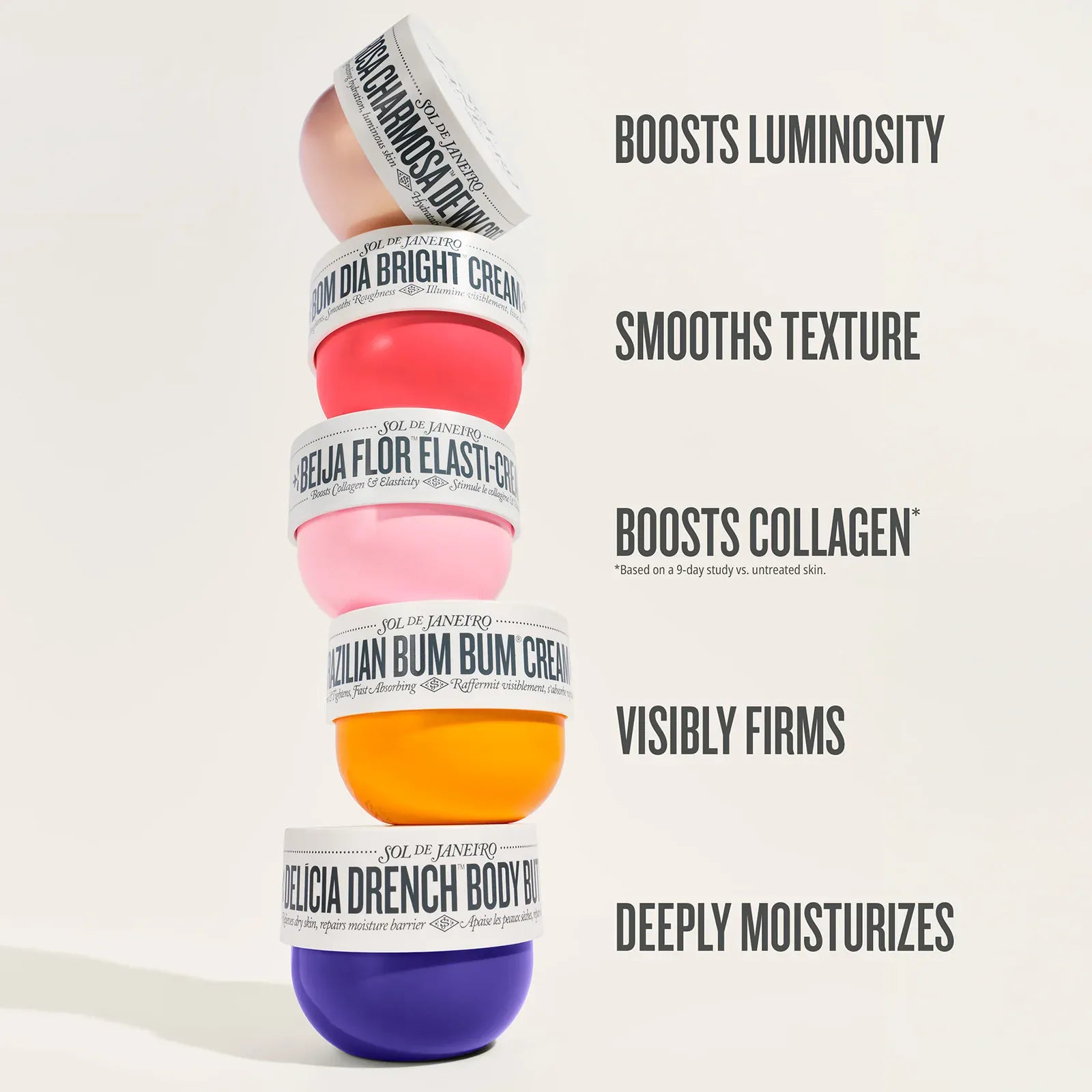 Stack of colorful skincare containers with text highlighting their benefits on a light background