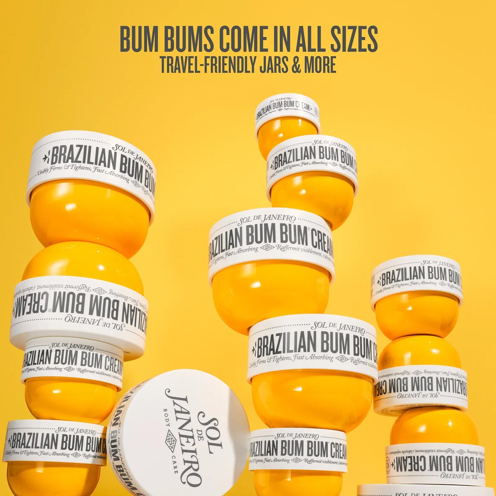 Bottle of Brazilian Bum Bum Cream with text on a yellow background

Bum bums come in all sizes, travel friendly jars & more