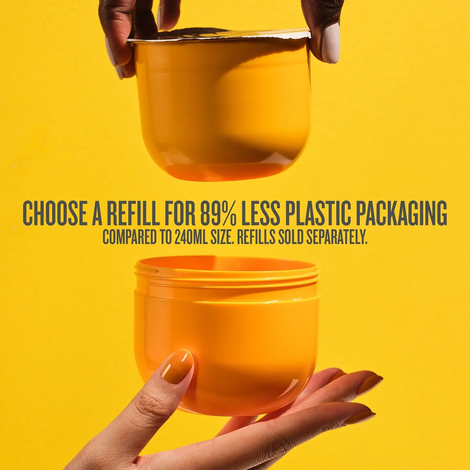 Two hands holding yellow containers with text about refill options on a yellow background

Choose a refill for 89% les plastic packaging compared to 240ml size. Refills sold separately
