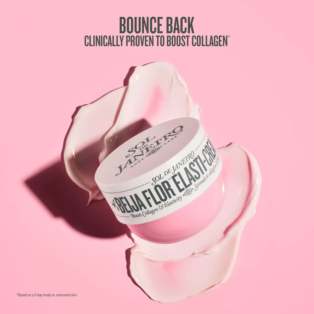 Cosmetic jar with a pink lid on a pink background, featuring Sol de Janeiro branding.
Bounce back clinically proven to boost collagen*