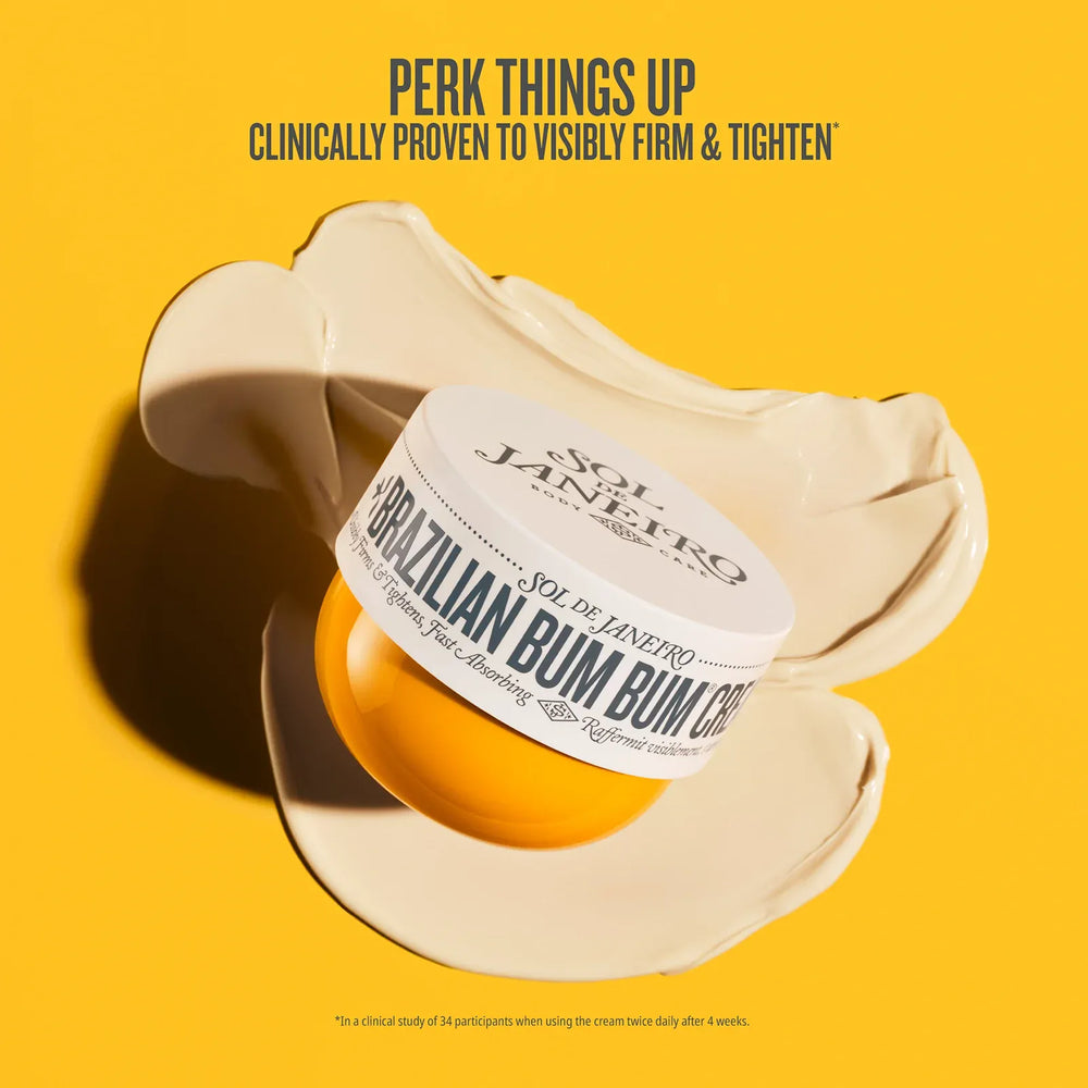 Brazilian Bum Bum Cream container with label on a yellow background