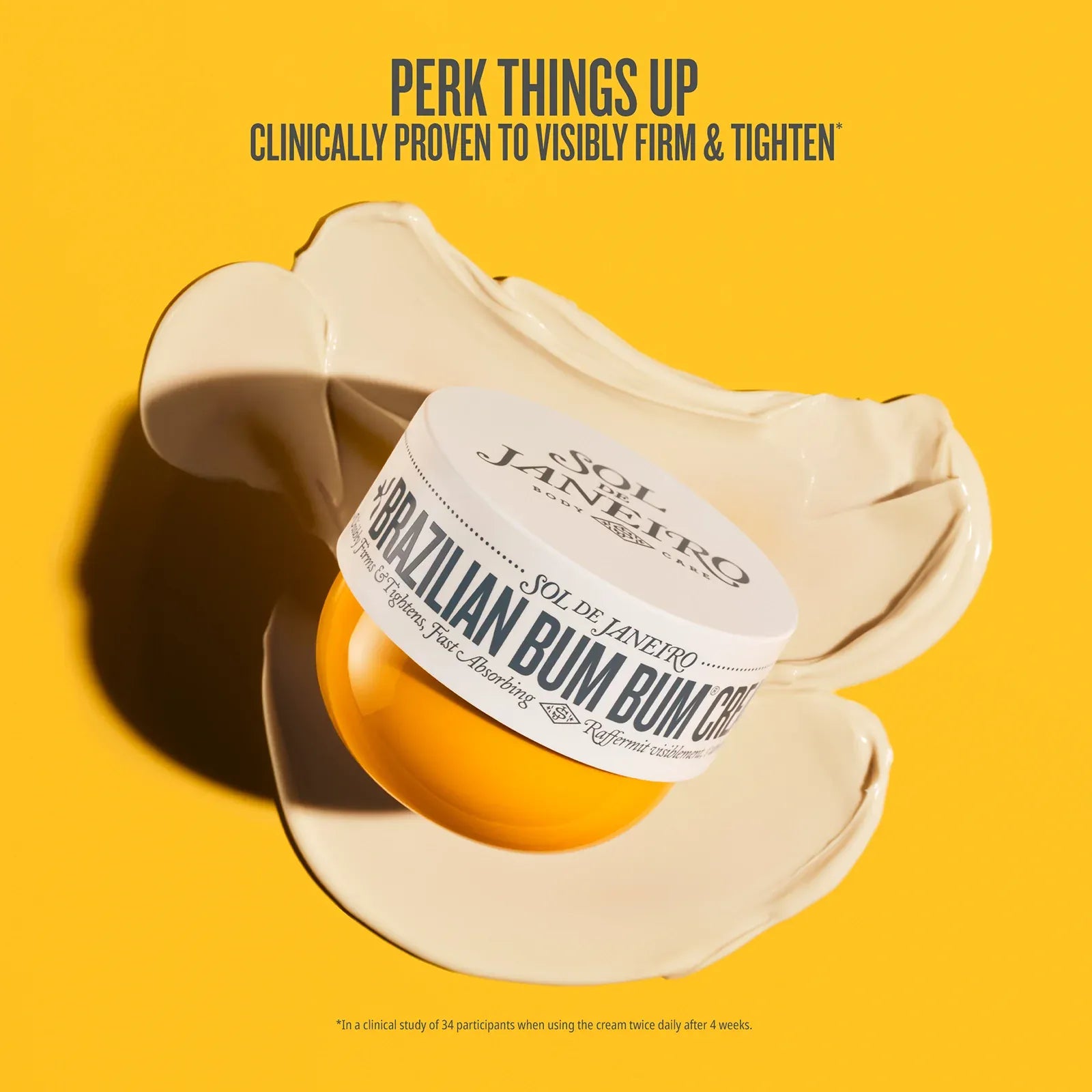 Brazilian Bum Bum Cream container with label on a yellow background