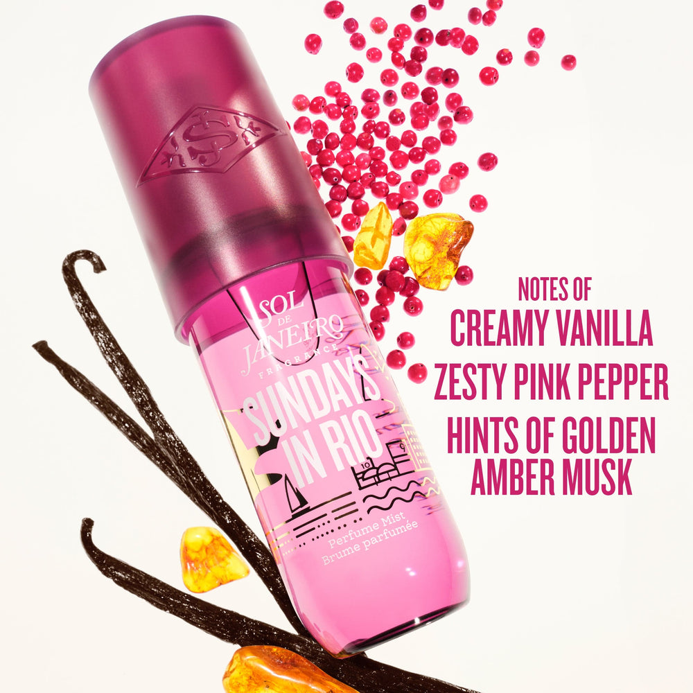 sol de janeiro sundays in rio 90ml render bottle with scent notes. Text on image reads notes of creamy vanilla, zesty pink pepper, hints of golden amber musk