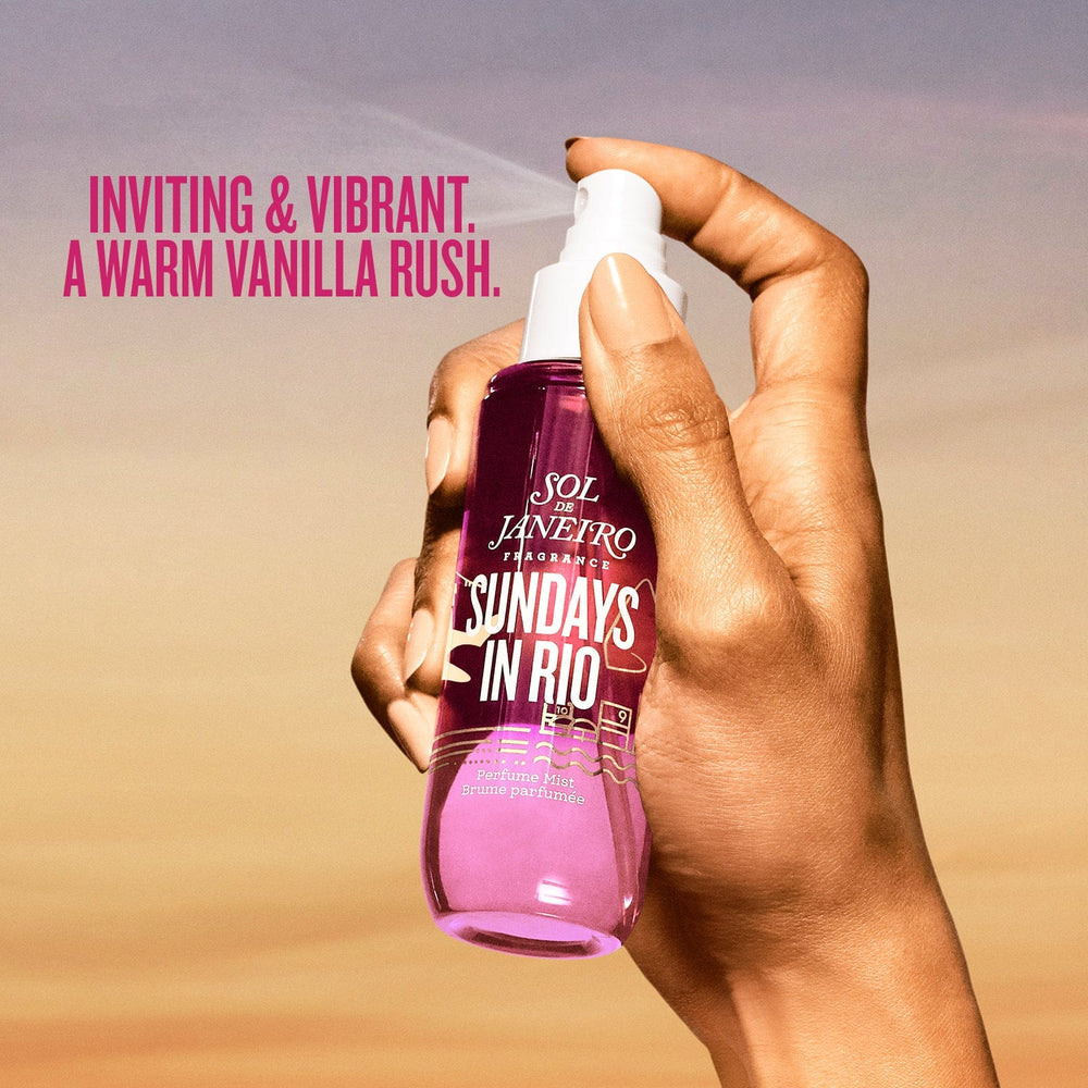 Hand holding a purple bottle labeled sol de janeiro 'Sundays in Rio' with a blurred background. text on image reads inviting and vibrant. A warm vanilla rush.