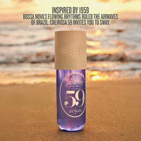 Bottle of Sol Janefro Cheirosa 59 perfume on a beach with sunset background