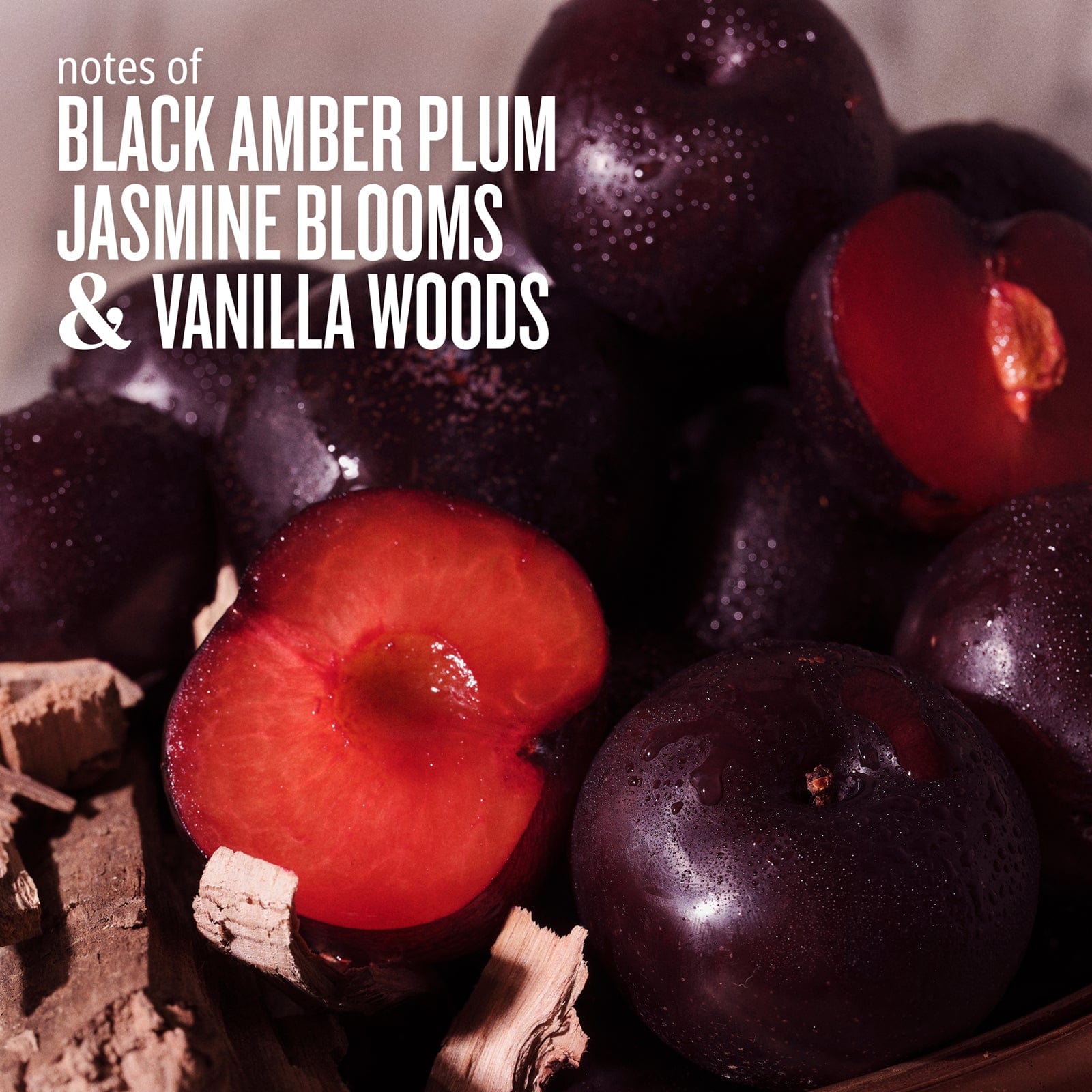 Notes of black amber plum, jasmine blooms &amp; vanilla woods