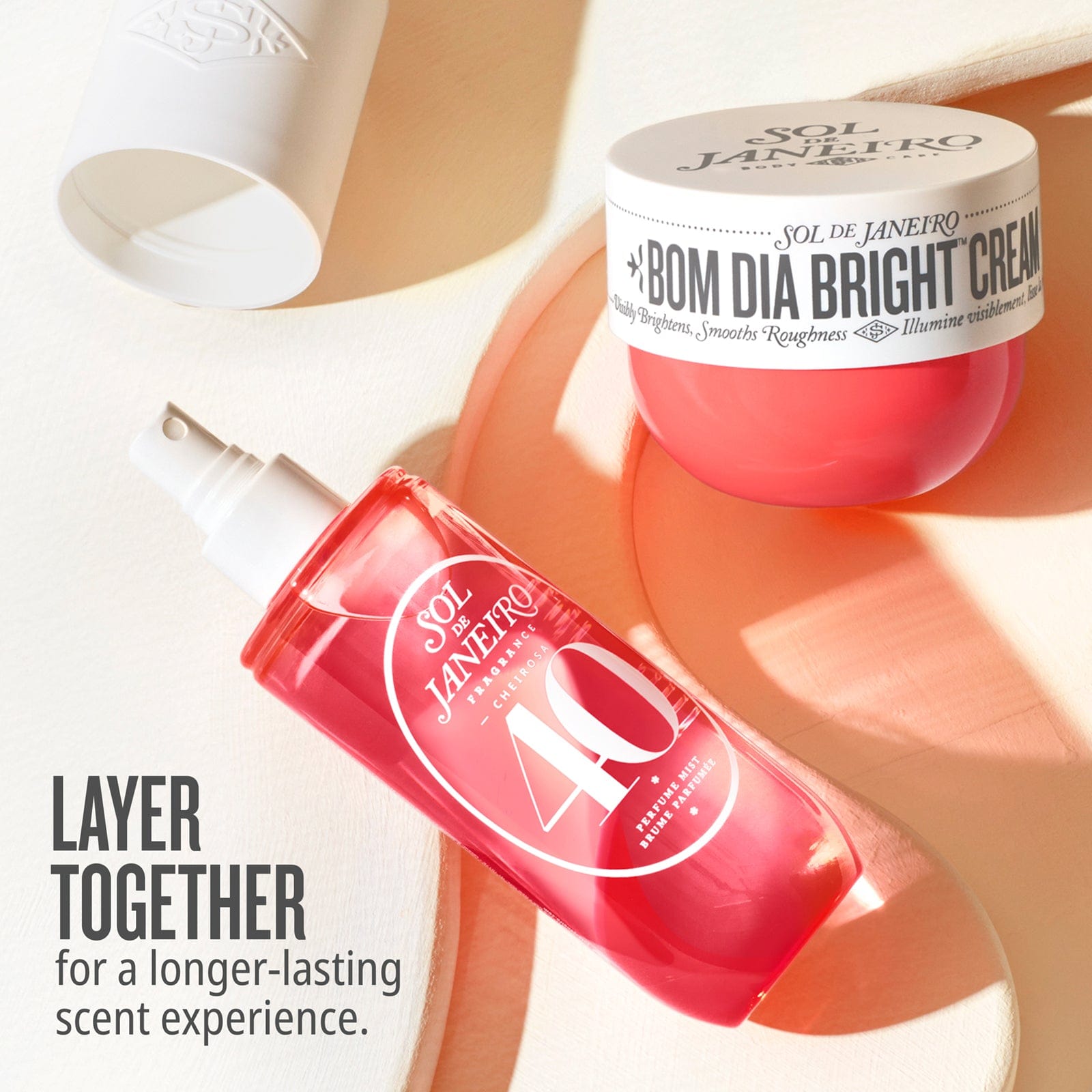 Layer together for a longer-lasting scent experience. cheirosa 40 perfume mist and Bom dia bright cream 