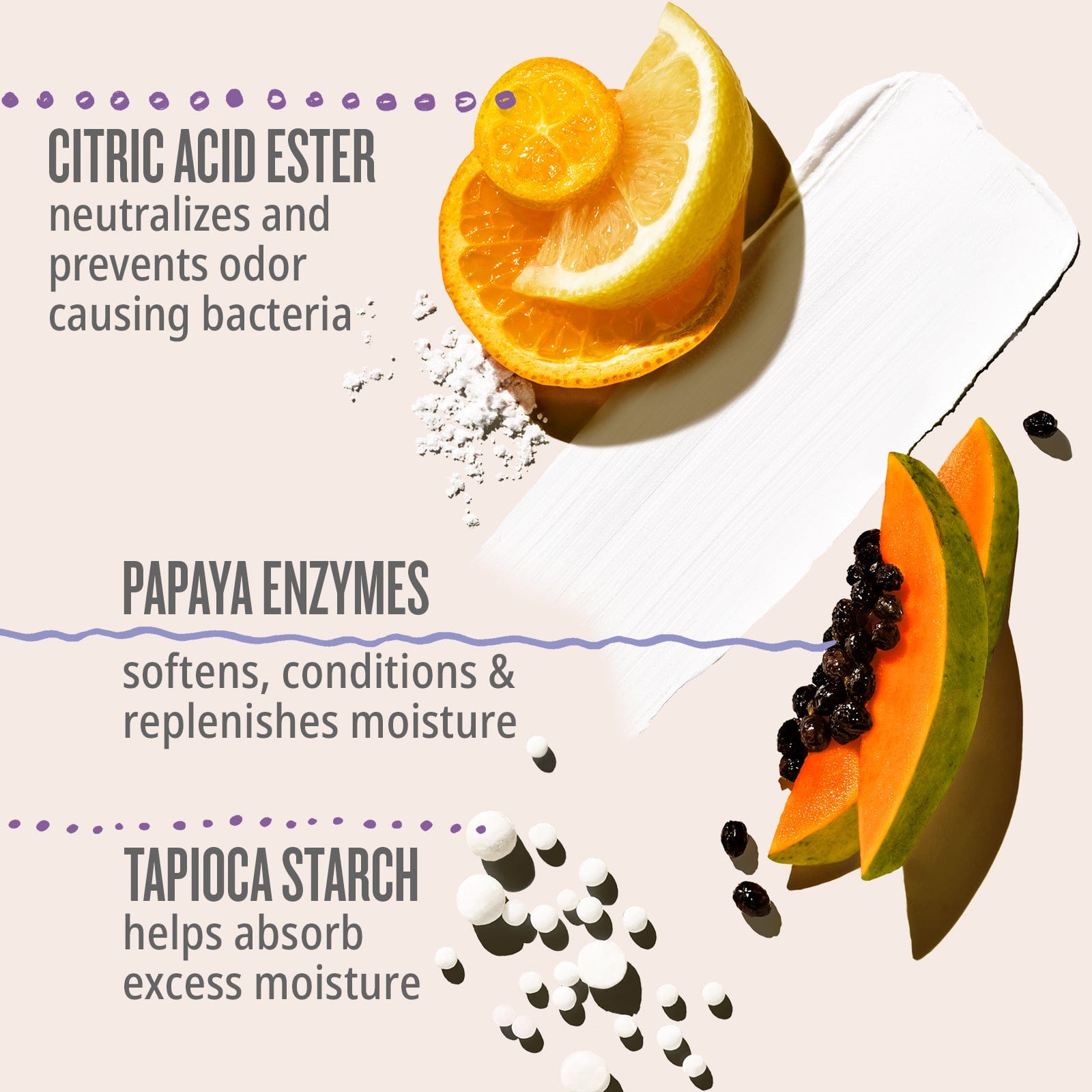 citric acid ester neutralizes and prevents odor causing bacteria, papaya enzymes softens, conditions, & replenishes moisture, tapioca starch helps absorb excess moisture