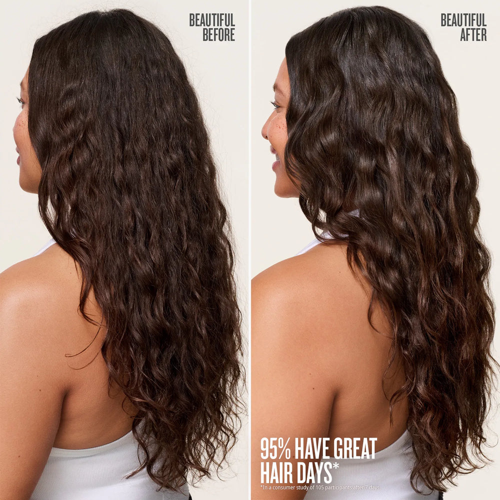 Before and after comparison of a woman's long, wavy hair with text about hair health.