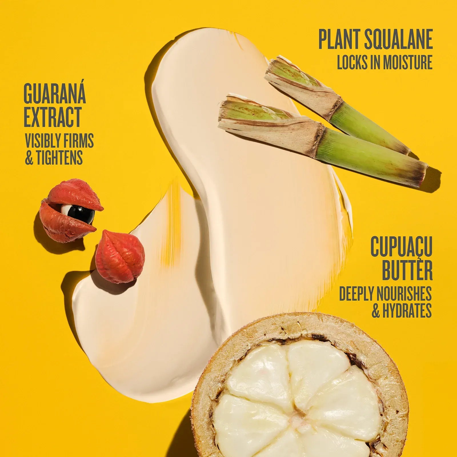Skincare mask with ingredients like guarana extract, cupuácu butter, and plant squalane on a yellow background.